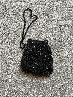 Vintage Black Beaded Evening Drawstring Bag